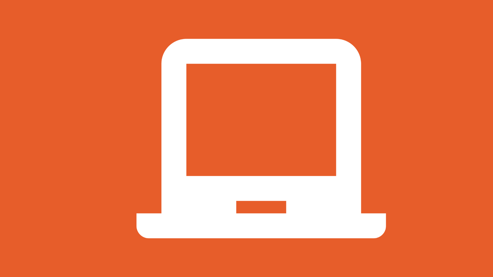 Orange background with white laptop icon in the center.